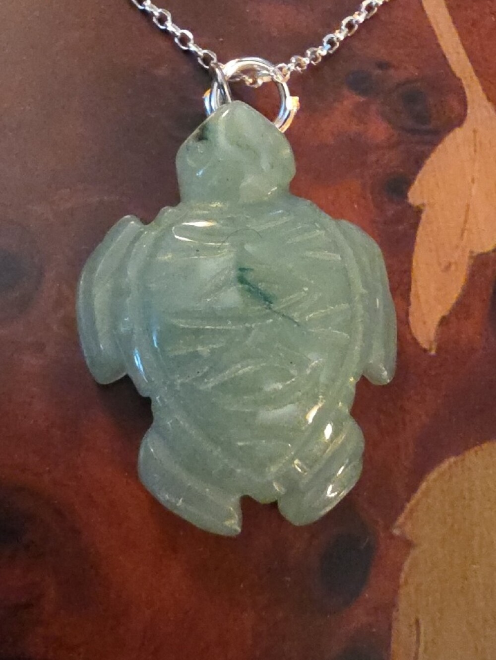Green Jade Turtle Pendant Necklace With Silver Chain